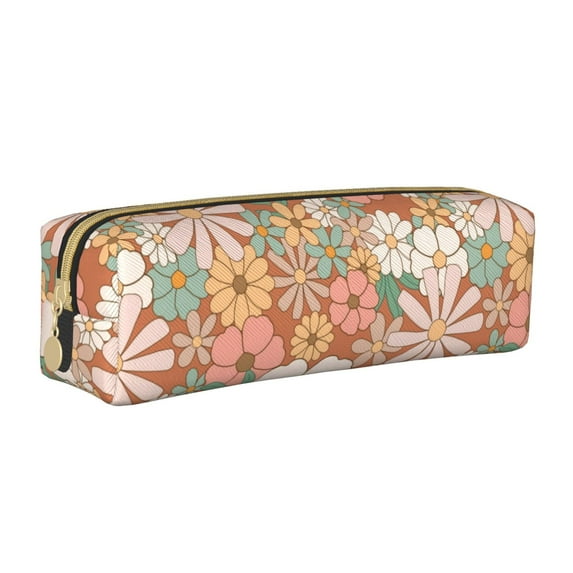 XMXT Leather Pencil Case, Colorful Art Floral Print Large Capacity Pencil Pouch for Student Teens Women
