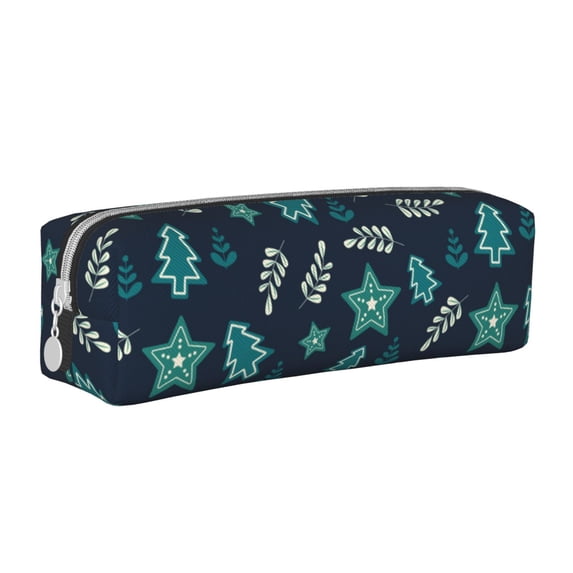 XMXT Leather Pencil Case, Green Christmas Stars Leaves Large Capacity Pencil Pouch for Student Teens Women