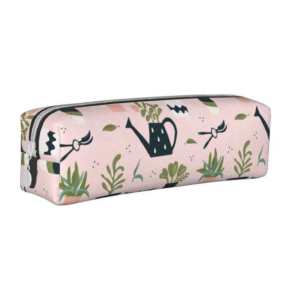 XMXT Leather Pencil Case, Pink Potted Plants Large Capacity Pencil Pouch for Student Teens Women