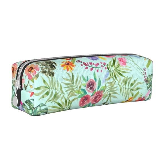 XMXT Leather Pencil Case, Plants Flora Compilation Paint Large Capacity Pencil Pouch for Student Teens Women