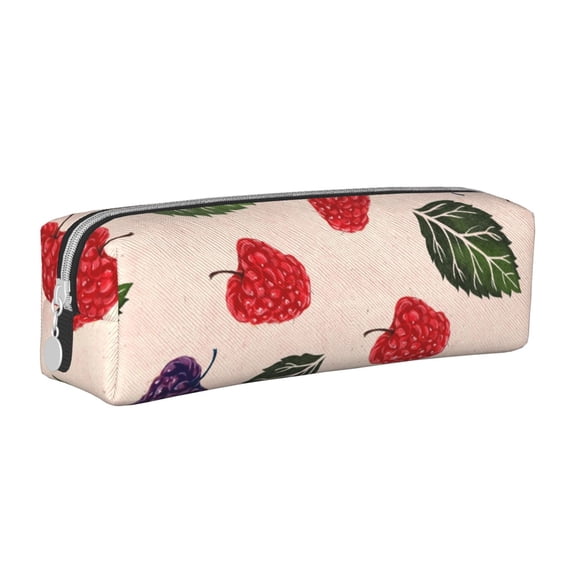XMXT Leather Pencil Case, Raspberry Leaf Illustration Large Capacity Pencil Pouch for Student Teens Women