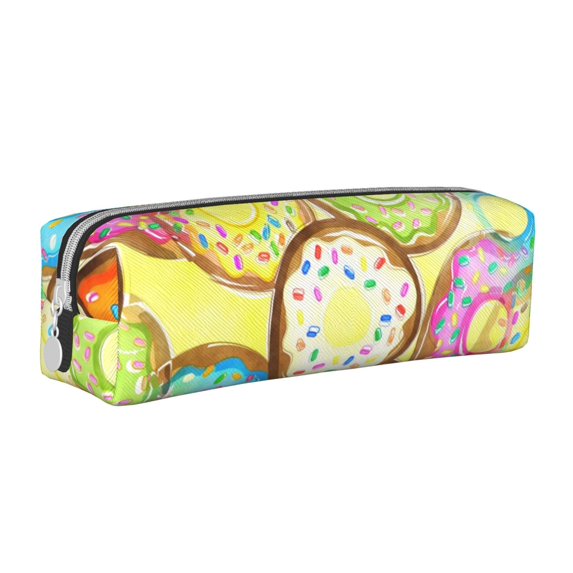 XMXT Leather Pencil Case, Watercolor Donut Pattern Large Capacity Pencil Pouch for Student Teens Women