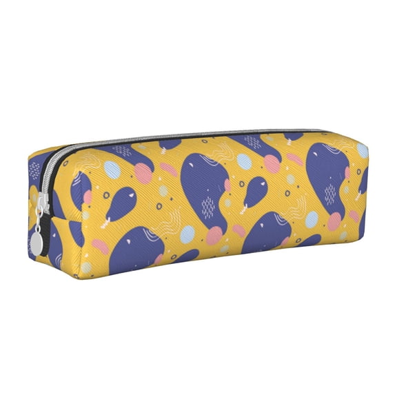 XMXT Leather Pencil Case, Yellow Abstract Geometric Elements Large Capacity Pencil Pouch for Student Teens Women