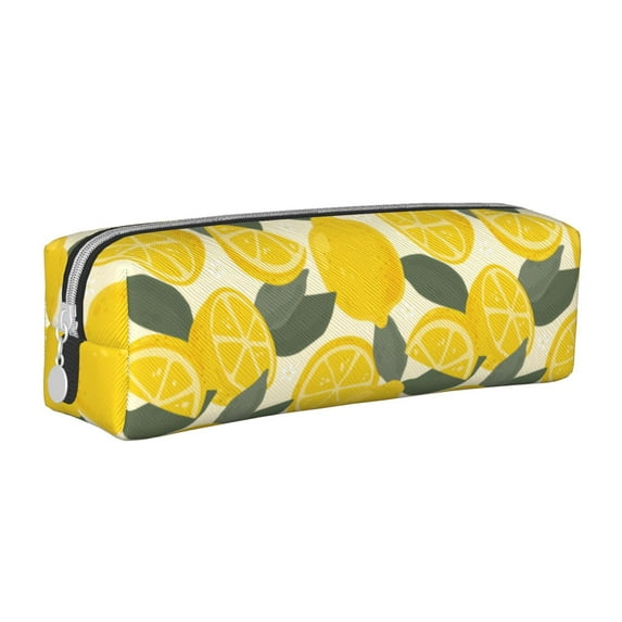 XMXT Leather Pencil Case, Yellow Fun Lemon Print Large Capacity Pencil Pouch for Student Teens Women