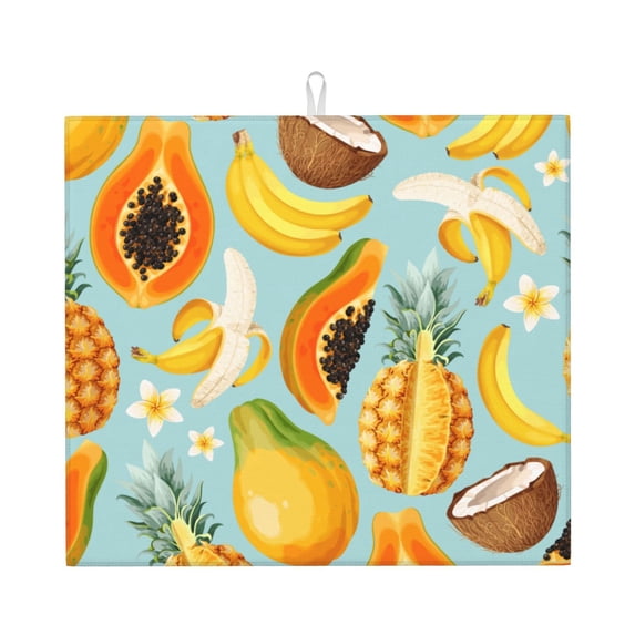 XMXT Microfiber Drying Mat for Kitchen Counter, Papaya Pineapple Banana Print Absorbent Dish Drying Mats for Sink Dishes Rack Pad, 16 x 18 inches