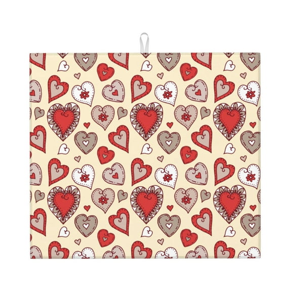 XMXT Microfiber Drying Mats, Cartoon Love Beige Print Absorbent Dish Drying Mat for Kitchen Counter, 16 x 18 inches