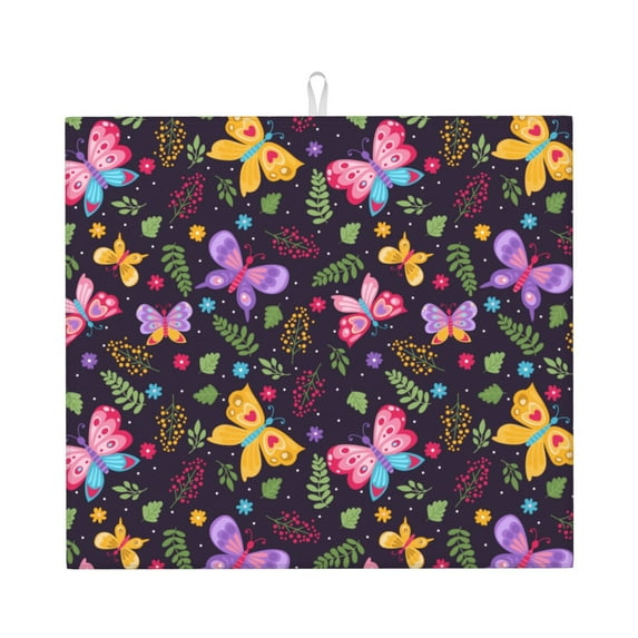 XMXT Microfiber Drying Mats, Green Leafy Colorful Butterfly Absorbent Dish Drying Mat for Kitchen Counter, 16 x 18 inches