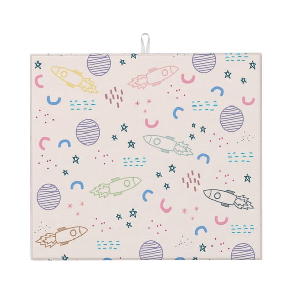 XMXT Microfiber Drying Mats, Pink Spaceship Print Absorbent Dish Drying Mat for Kitchen Counter, 16 x 18 inches