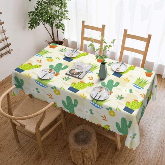 XMXT Polyester Rectangle Tablecloth, Cute Cactus Doodle Waterproof Table Cloth Home Dinner Decor Table Cover for Holiday Party, 54 x 72 inches