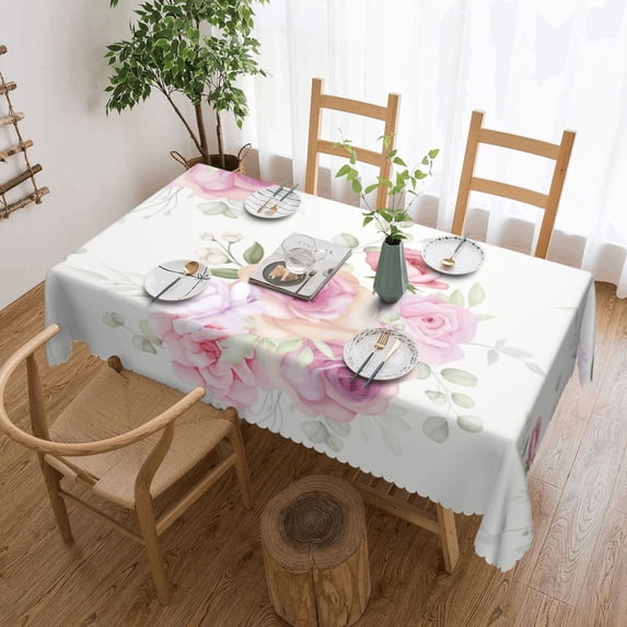 XMXT Polyester Rectangle Tablecloth, Elegant Pink Roses Print Waterproof Table Cloth Home Dinner Decor Table Cover for Holiday Party, 54 x 72 inches