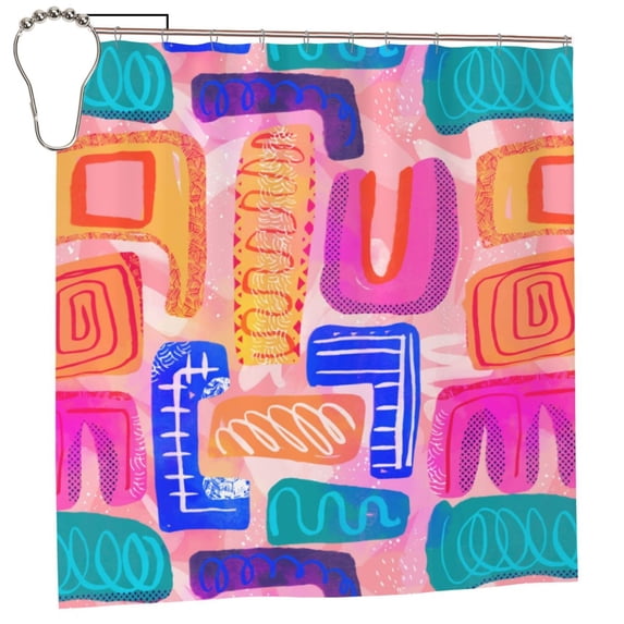 XMXT Shower Curtain Liner with Iron Hooks, Waterproof Abstract Color Blocks Doodle Shower Curtains for Bathroom Decor Accessories, 72 x 72 inches