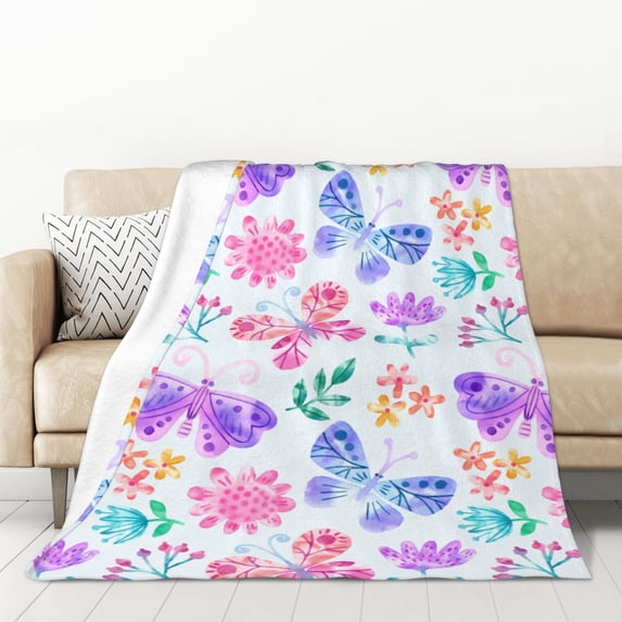 XMXT Throw Blanket, Multicolored Watercolor Butterfly Flannel Blanket for Bed Sofa, 50 x 70 inches