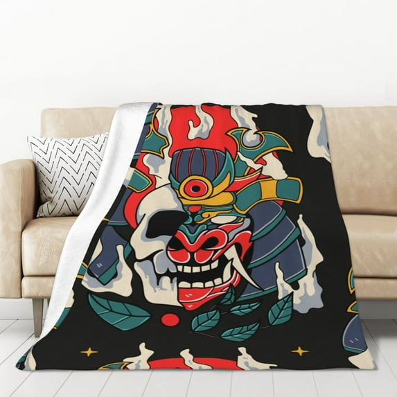XMXT Throw Blankets, Samurai Skull Pattern Bed Blanket for Bedroom Sofa, 50 x 70 inches
