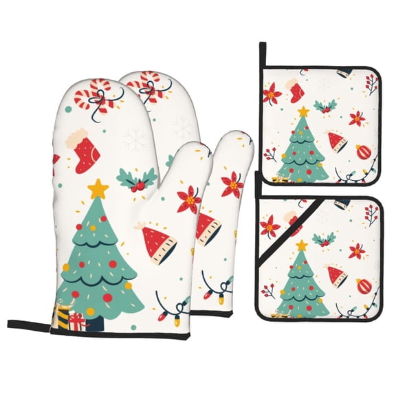 XMXT Waterproof Oven Mitts and Pot Holders Sets, Christmas Pattern Flat Design Sets Kitchen Cooking Heat Resistant, 4 Pcs