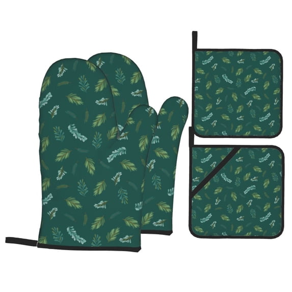 XMXT Waterproof Oven Mitts and Pot Holders Sets, Green Christmas Pine Leaves Sets Kitchen Cooking Heat Resistant, 4 Pcs
