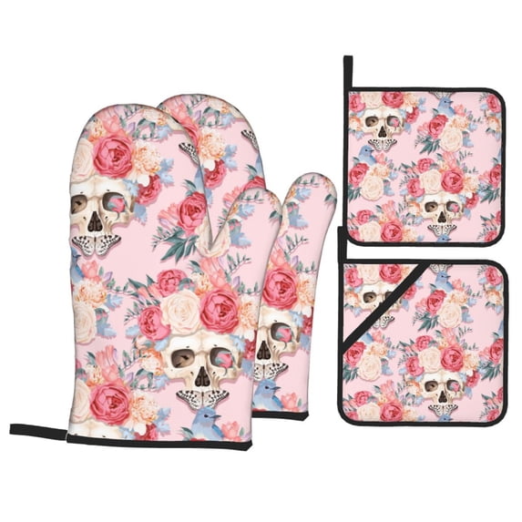 XMXT Waterproof Oven Mitts and Pot Holders Sets, Skeleton Butterflies Rose Watercolor Sets Kitchen Cooking Heat Resistant, 4 Pcs