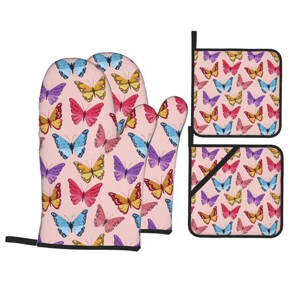 XMXT Waterproof Oven Mitts and Pot Holders Sets, Vintage Pink Colorful Butterfly Sets Kitchen Cooking Heat Resistant, 4 Pcs