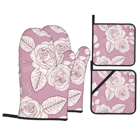 XMXT Waterproof Oven Mitts and Pot Holders Sets, White Hand Painted Roses Sets Kitchen Cooking Heat Resistant, 4 Pcs