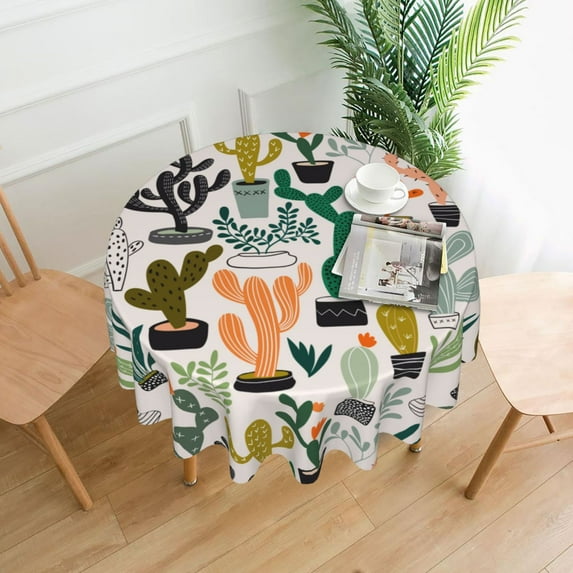 XMXT Waterproof Round Table Cloth, Multiple Cactus Plants Tablecloth Polyester Table Cover for Home Kitchen Dining Party Room Decor, 60 inches