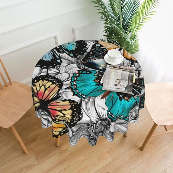 XMXT Waterproof Round Table Cloth, Punk Butterfly Print Tablecloth Polyester Table Cover for Home Kitchen Dining Party Room Decor, 60 inches