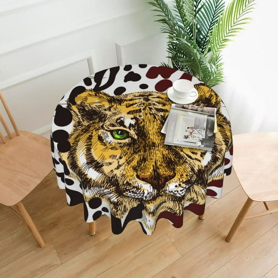 XMXT Waterproof Round Table Cloth, Tiger Pen Drawing Tablecloth Polyester Table Cover for Home Kitchen Dining Party Room Decor, 60 inches