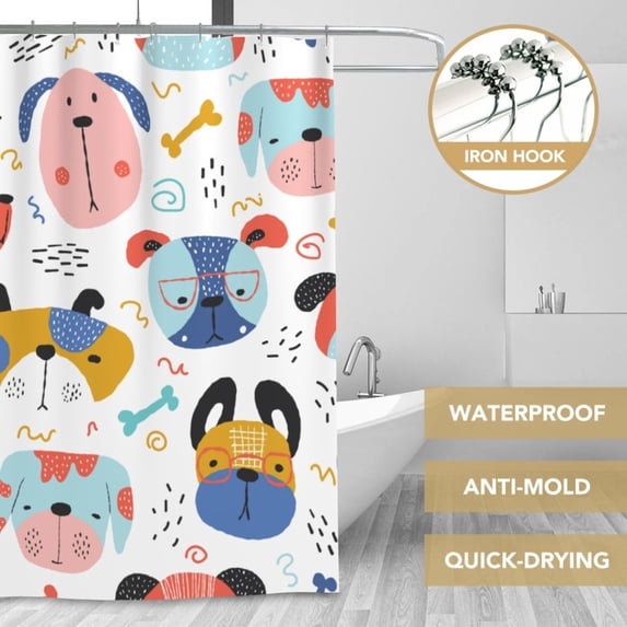 XMXT Waterproof Shower Curtain Liner with Iron Hooks, Cartoon Colorful Dogs Design Shower Curtains for Bathroom Decor Accessories, 72 x 72 inches