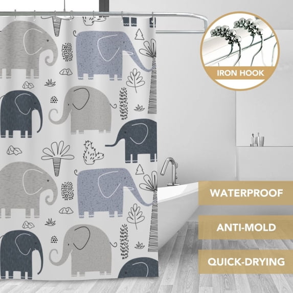 XMXT Waterproof Shower Curtain Liner with Iron Hooks, Cartoon Elephant Background Shower Curtains for Bathroom Decor Accessories, 72 x 72 inches