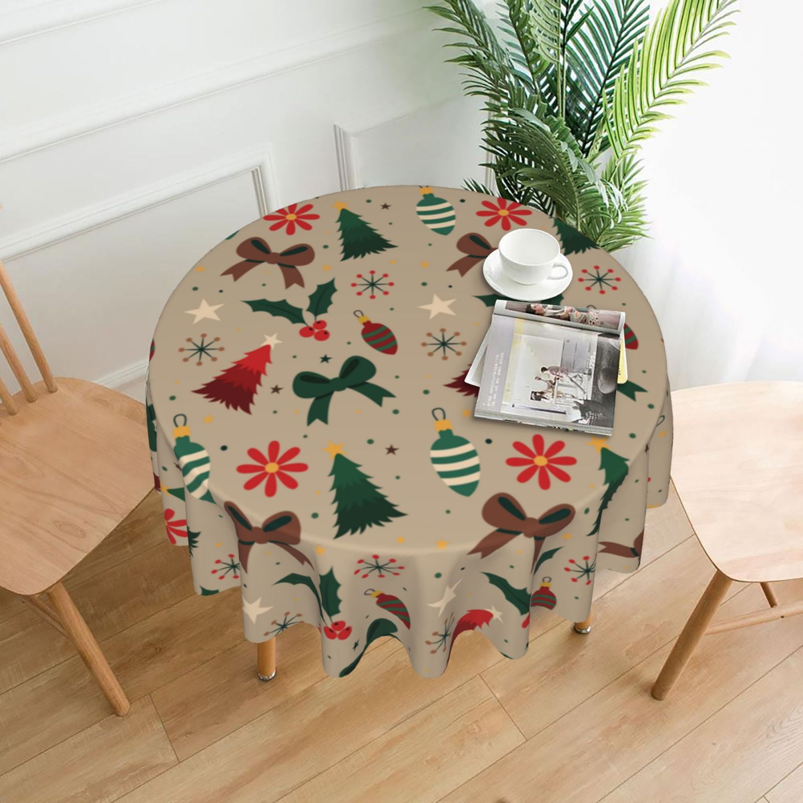 XMXT Waterproof Table Cloth, Christmas Lights Bow Polyester Round