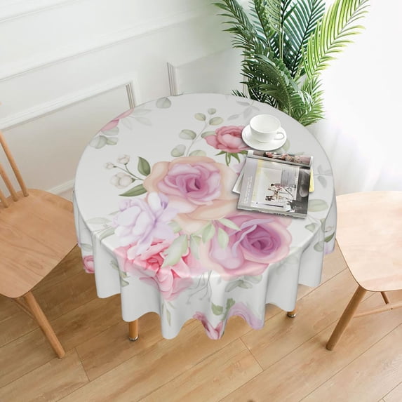 XMXT Waterproof Table Cloth, Elegant Pink Roses Print Polyester Round Tablecloth for Dining Party Decor, 60 inches