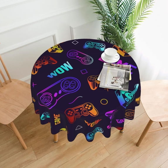 XMXT Waterproof Table Cloth, Gradient Gamepad Print Polyester Round Tablecloth for Dining Room Party Decor Tablecloths, 60 inches