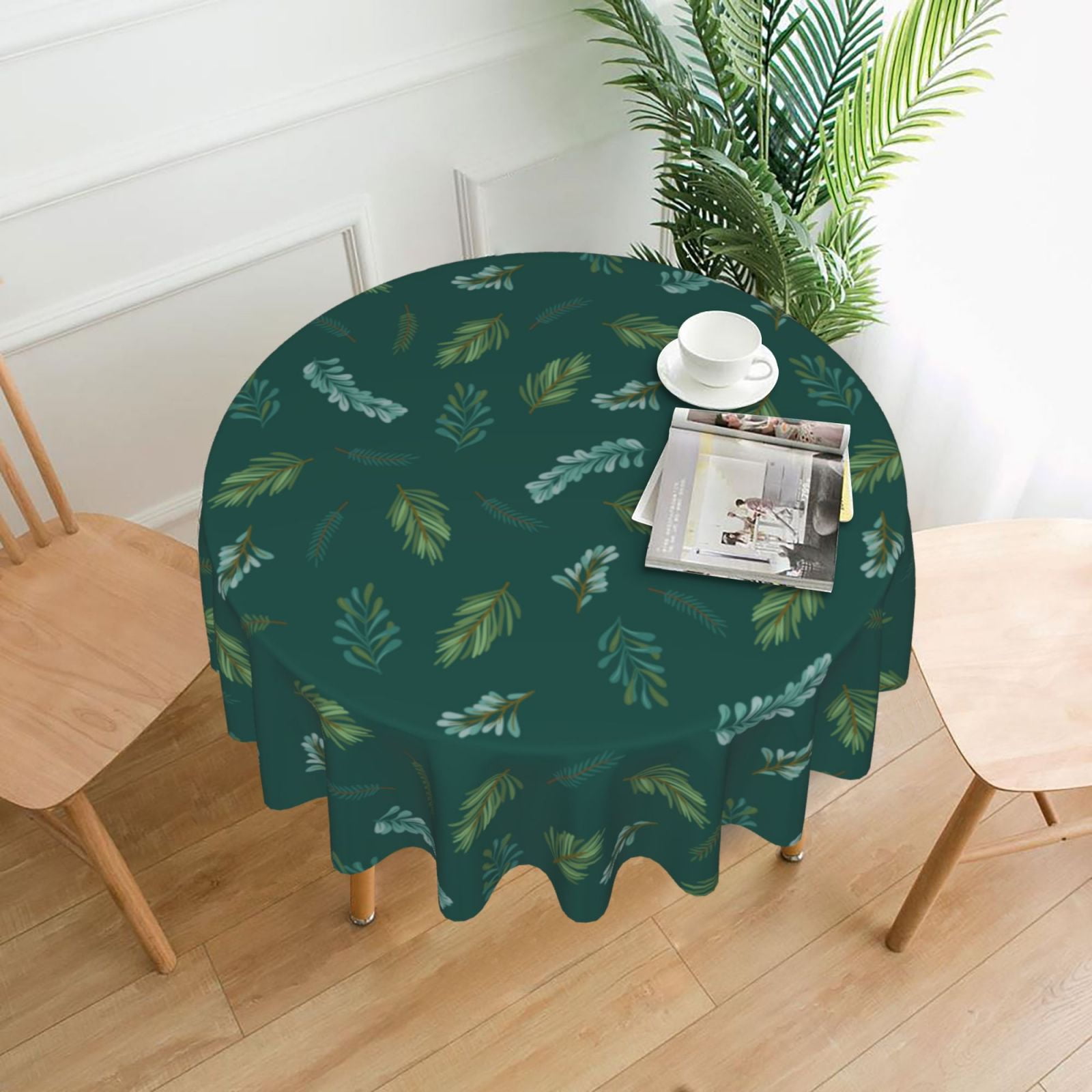 XMXT Waterproof Table Cloth, Green Christmas Pine Leaves Polyester