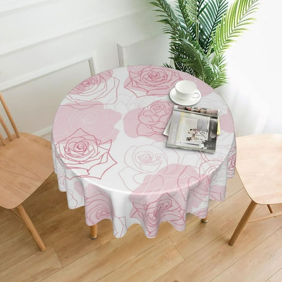 XMXT Waterproof Table Cloth, Roses Line Drawing Illustration Polyester Round Tablecloth for Dining Party Decor, 60 inches