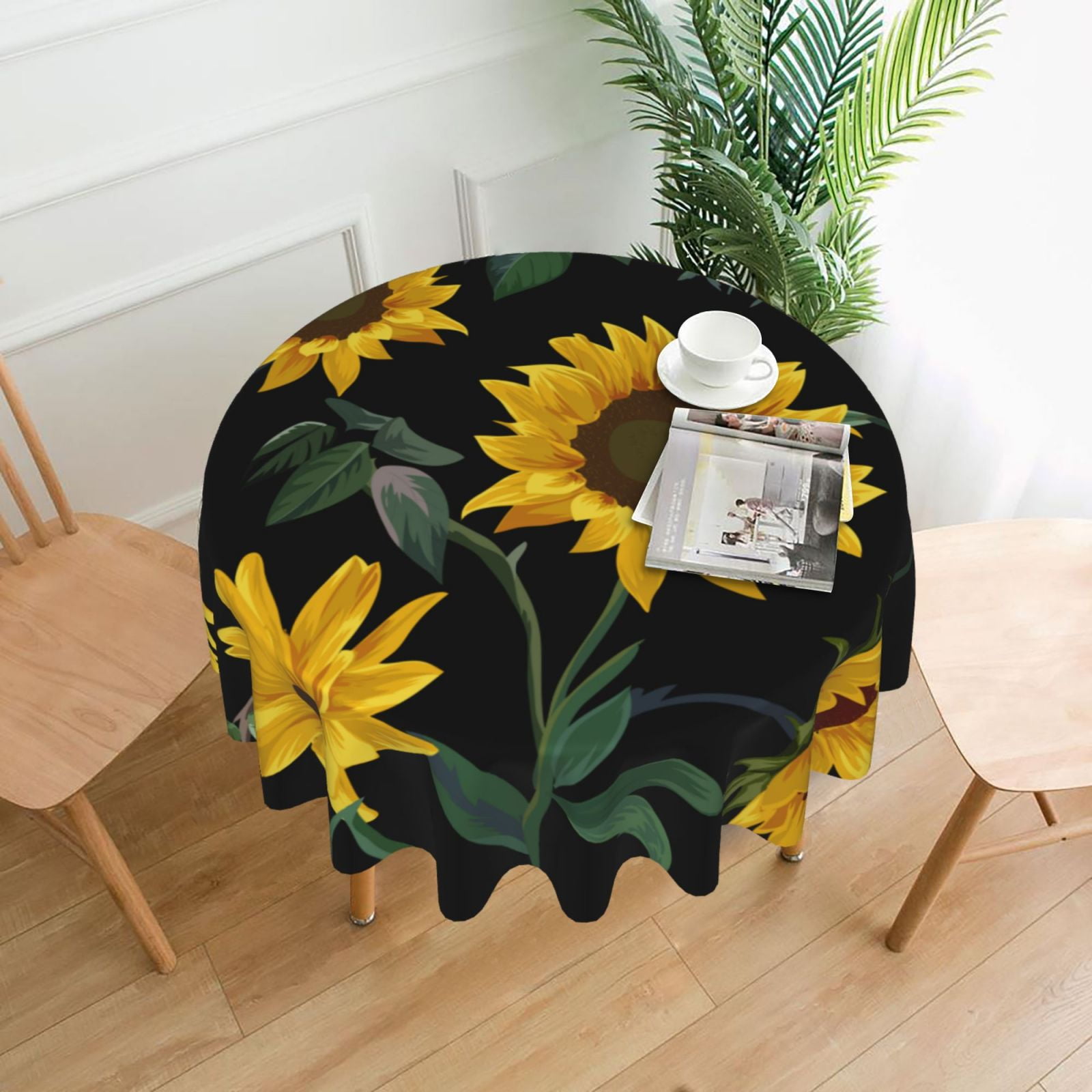 XMXT Waterproof Table Cloth, Sunflower Black Background Polyester Round Tablecloth for Dining ...