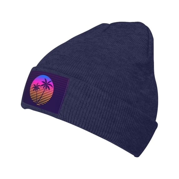 XMXT Winter Casual Beanie Hats for Men Women, Coconut Trees Sunset Silhouette Unisex Adult Cap Warm Daily Knit Hat Skull Caps, Navy Blue