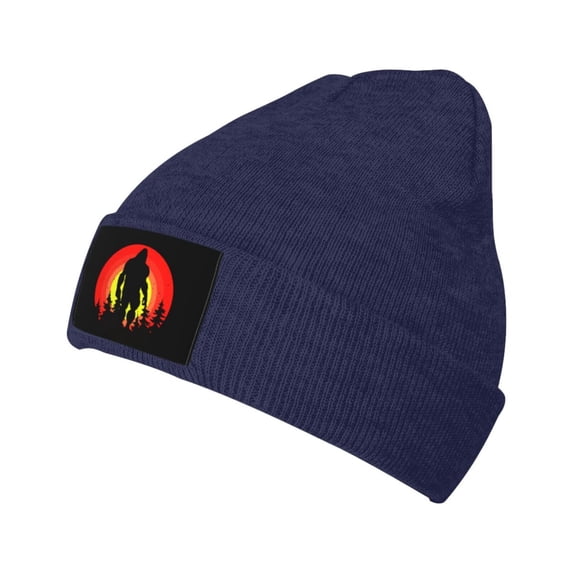 XMXT Winter Casual Beanie Hats for Men Women, Sunset Sasquatch Silhouette Unisex Adult Cap Warm Daily Knit Hat Skull Caps, Navy Blue