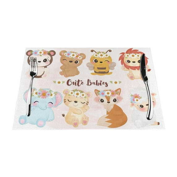 XMXT Woven Placemats Set of 1, Watercolor Cute Babies Animals Stain Resistant Table Runner Anti-Skid Place Mats for Dining Table, 12 x 18 inches
