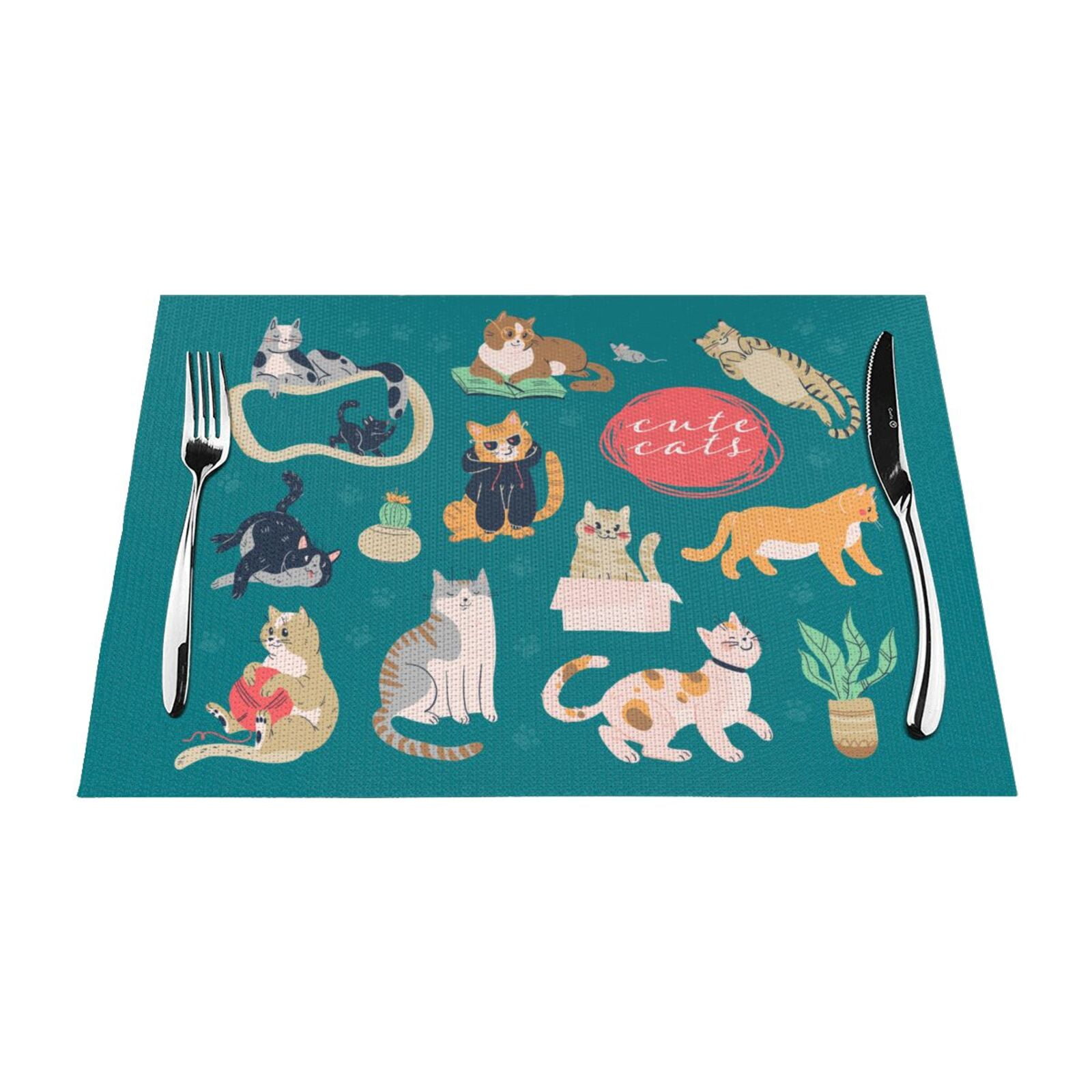 XMXT Woven Placemats Set of 4, Colorful Cat Illustrations Stain