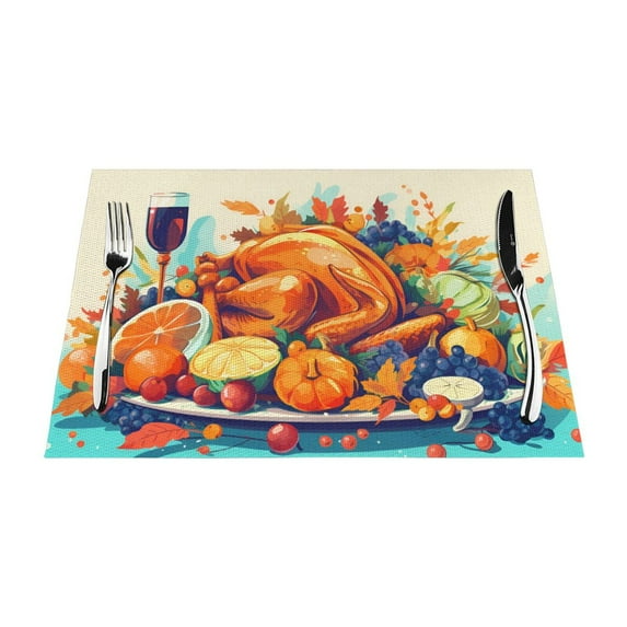 XMXT Woven Placemats Set of 4, Thanksgiving Turkey Dinner Stain Resistant Table Runner Anti-Skid Place Mats for Dining Table, 12 x 18 inches