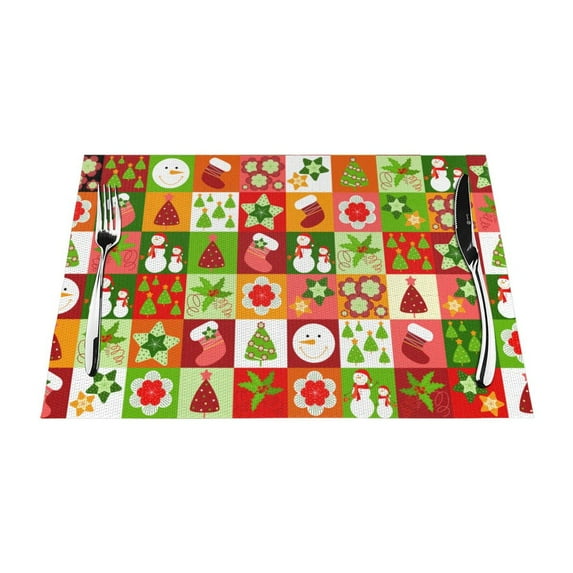 XMXT Woven Placemats Set of 6, Christmas Checker Elements Stain Resistant Table Runner Anti-Skid Place Mats for Dining Table, 12 x 18 inches