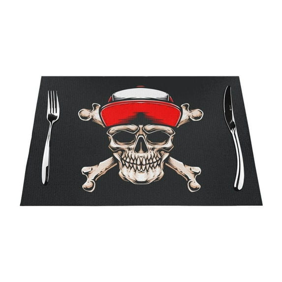 XMXT Woven Placemats Set of 6, Skull With Red Hat Stain Resistant Table Runner Anti-Skid Place Mats for Dining Table, 12 x 18 inches