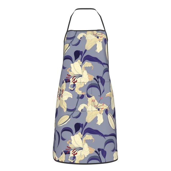 XMXY Chef Aprons with Pockets for Women Men, Oriental Lilies Floral Violet Waterproof Cooking Kitchen Aprons, 28.3 x 20.4 Inches