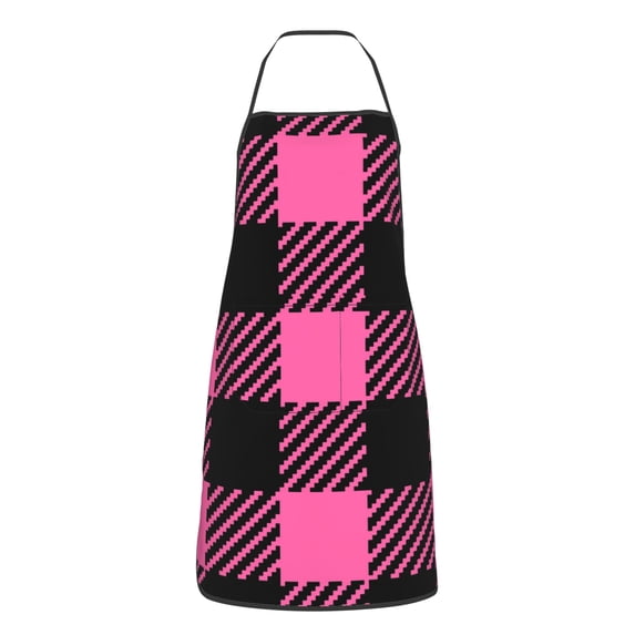 XMXY Chef Aprons with Pockets for Women Men, Pink Black Checkered Stripes Waterproof Cooking Kitchen Aprons, 28.3 x 20.4 Inches