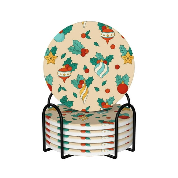 XMXY Drink Coasters with Holder for Coffee Table, Christmas Nativity Leaf Celebration Absorbent Ceramic Cups Coaster Sets 6 Pack, 4 Inches Round Shape