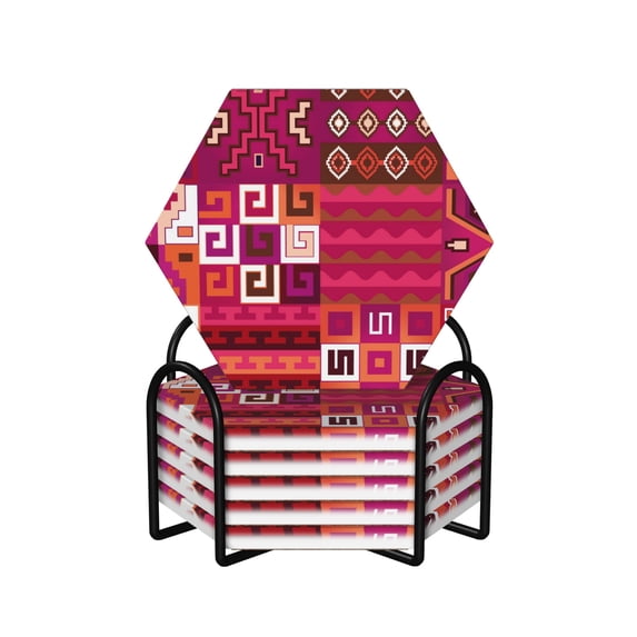 XMXY Drink Coasters with Holder for Coffee Table, Aztec Ikat Tribal Boho Absorbent Ceramic Cups Coaster Sets 6 Pack, 4 Inches Hexagon