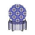 thumbnail image 1 of XMXY Drink Coasters with Holder for Coffee Table, Blue Paisley Geometric Floral Absorbent Ceramic Cups Coaster Sets 6 Pack, 4 Inches Round Shape, 1 of 9