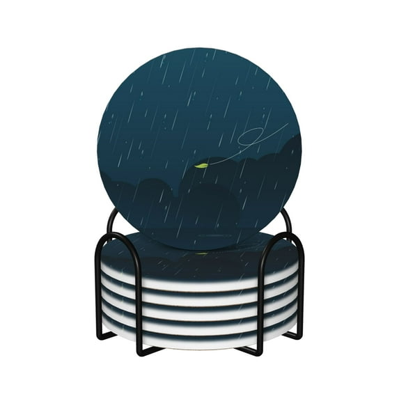 XMXY Drink Coasters with Holder for Coffee Table, Blue Rainy Season Absorbent Ceramic Cups Coaster Sets 6 Pack, 4 Inches Round Shape