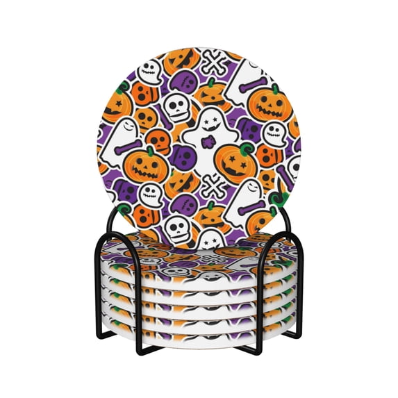 XMXY Drink Coasters with Holder for Coffee Table, Cartoon Gothic Halloween Absorbent Ceramic Cups Coaster Sets 6 Pack, 4 Inches Round Shape