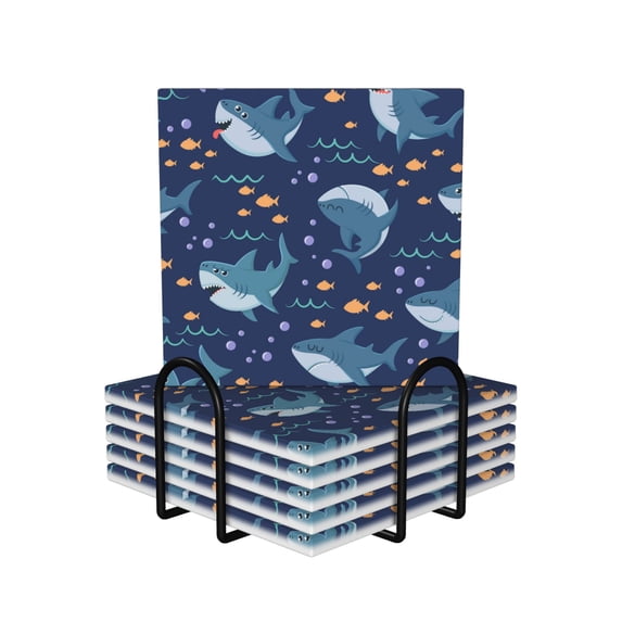 XMXY Drink Coasters with Holder for Coffee Table, Cartoon Sharks Blue Sea Absorbent Ceramic Cups Coaster Sets 6 Pack, 4 Inches Square