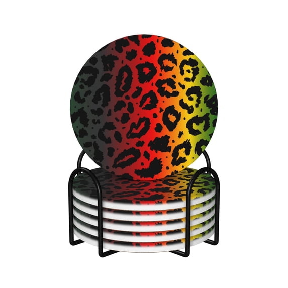 XMXY Drink Coasters with Holder for Coffee Table, Colored Leopard Print Animal Absorbent Ceramic Cups Coaster Sets 6 Pack, 4 Inches Round Shape