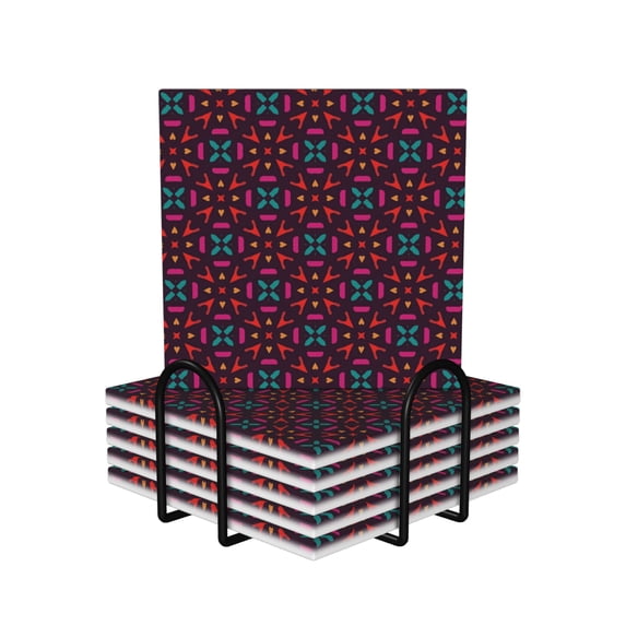 XMXY Drink Coasters with Holder for Coffee Table, Colorful Abstract Flat Geometric Absorbent Ceramic Cups Coaster Sets 6 Pack, 4 Inches Square